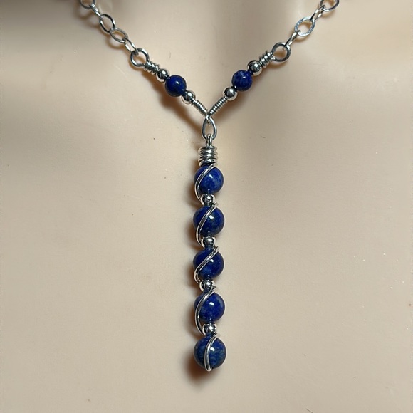 Lapis Lazuli Sterling Silver Necklace, Y Style Lapis Lazuli Sterling Necklace, - Picture 2 of 6